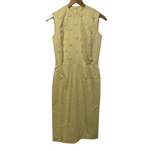 Vtg 1950s Joan Miller Sheath Dress Yellow Striped Floral Applique Juniors 11/12